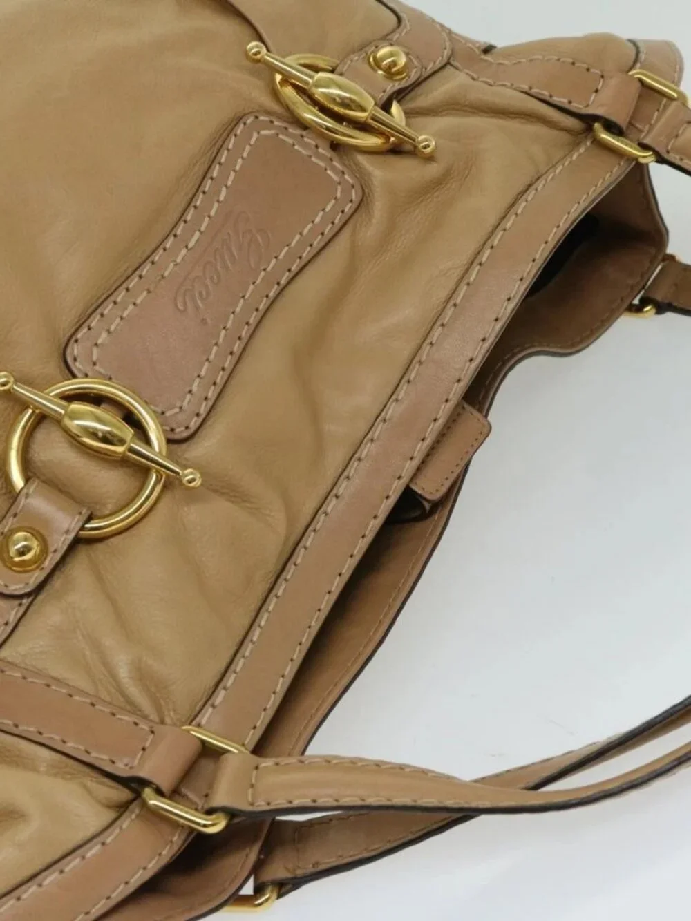GUCCI Horsebit Shoulder Bag Leather Beige 203546 Auth fm3198